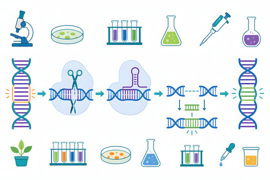 CRISPR Gene Editing Process and Laboratory Equipment Infographic Vector Illustration