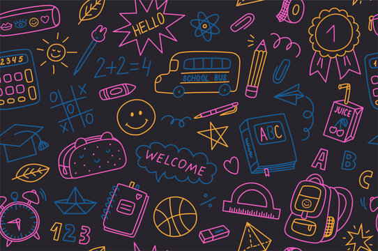 Hand drawn colorful back to school doodle seamless pattern, vector