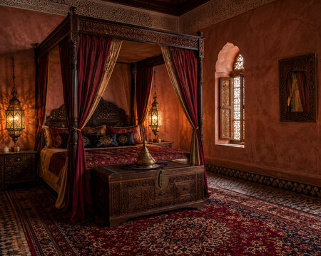 Traditional Arabic Moroccan bedroom interior with canopy bed and lanterns, luxury riad