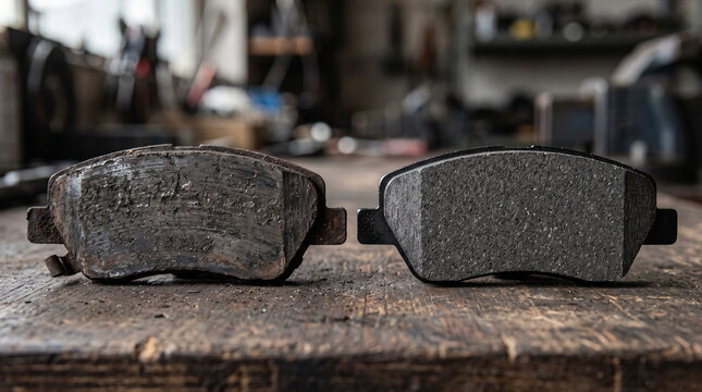 Worn and New Brake Pads Side by Side for Vehicle Maintenance Comparison