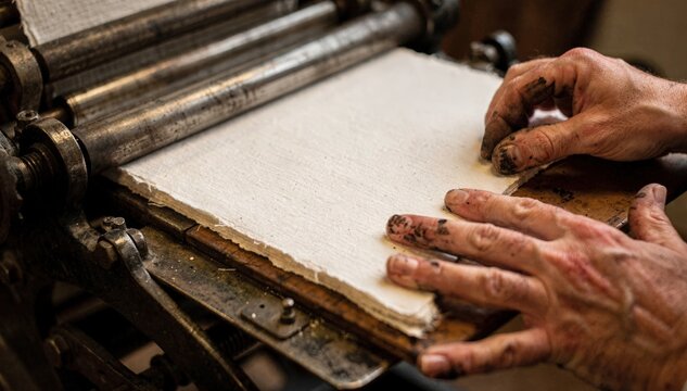Closeup of artisan pressing a tactile cotton paper card on a vintage letterpress showcasing precise hand movements with the background softly blurred.
