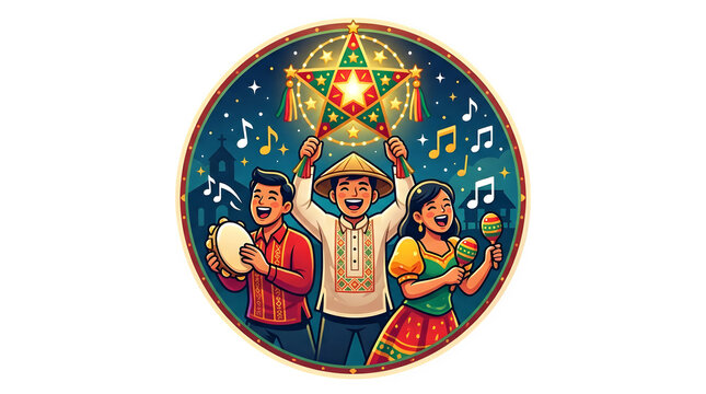 Filipino festival celebration with parol lantern and traditional clothing isolated on transparent background