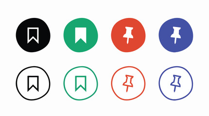Fototapeta premium Bookmark icons and push pin markers presented in various colorful circular buttons provide a simple and modern visual interface for digital navigation, document organization, and user experience.