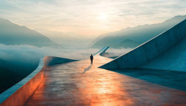 Lone figure walks on a futuristic pathway amidst misty mountains at sunrise