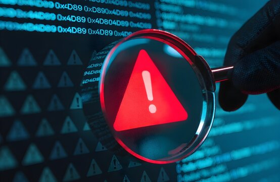 Magnifying glass reveals red warning triangle with exclamation mark on digital code