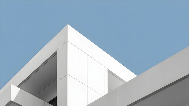 Minimalist white building facade against a clear blue sky