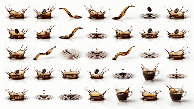 Coffee splashes and coffee beans a collection of realistic vector illustrations on a white background