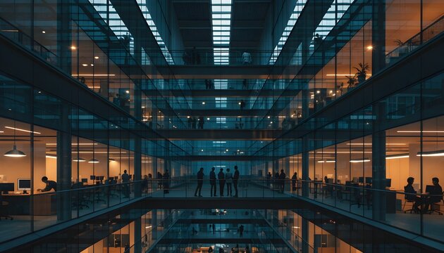 Modern office building interior with glass walls and people
