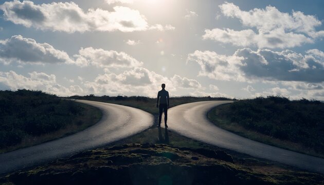 Man standing at a fork in the road under a cloudy sky