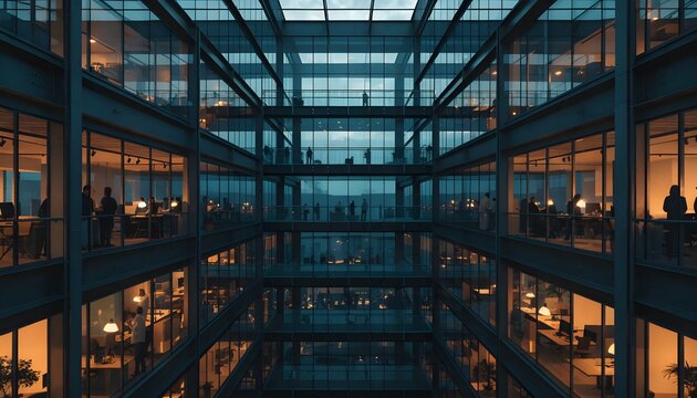 Modern office building interior with people working at desks