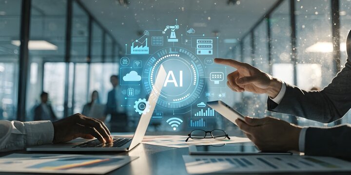 People interacting with ai interface in modern office