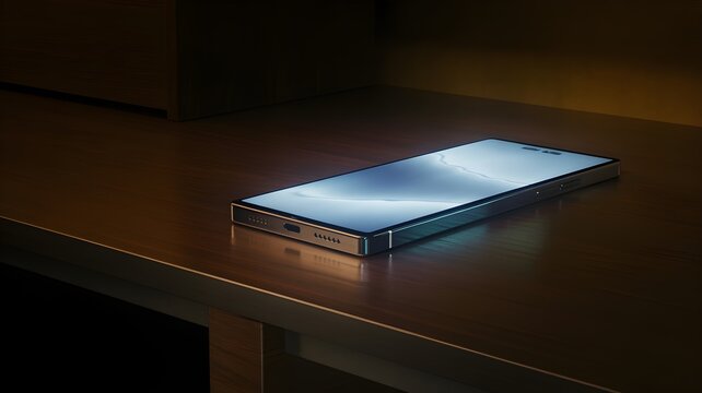 Sleek smartphone with illuminated screen resting on a wooden surface