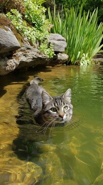 Tabby cat swims calmly in a serene garden pond.