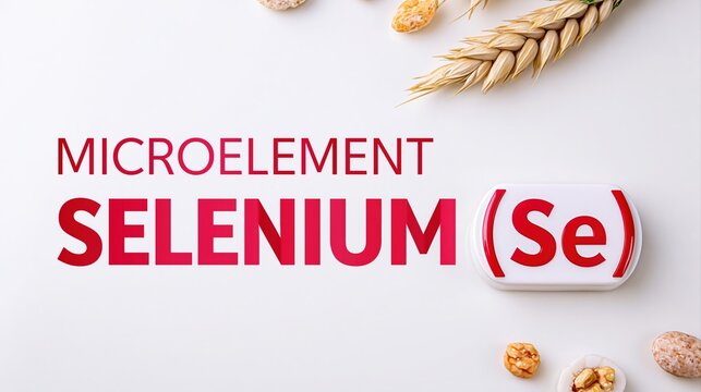 Red text microelement selenium symbol se with wheat and nuts