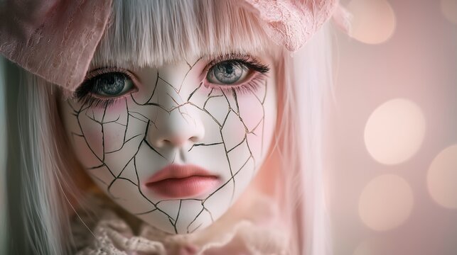 Doll face features intricate cracked patterns.