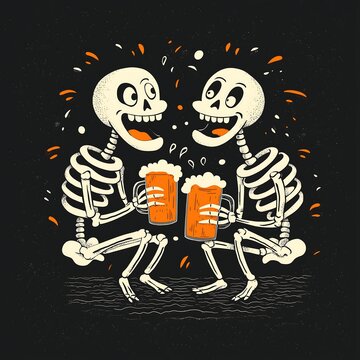 Skeletons celebrate with beer mugs together.