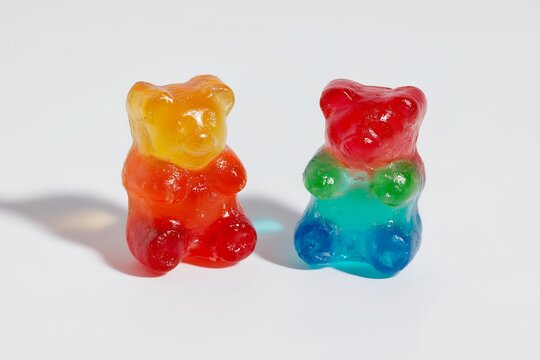 Gummy bears stand side by side on white ground.