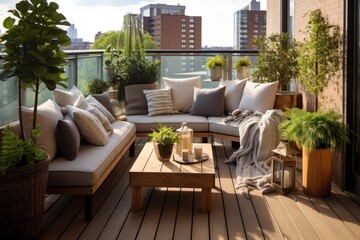 Obraz premium Balcony terrace offering comfortable seating and lush green plants with a city building view