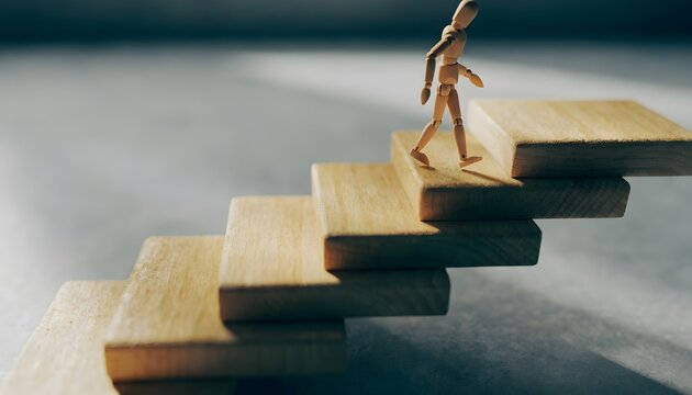 Wooden mannequin figure walking up a staircase of wooden blocks