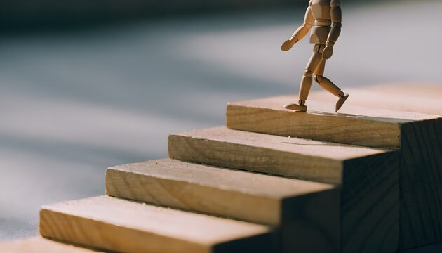 Wooden mannequin figure walking down wooden stairs