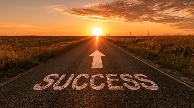A road to success with an arrow pointing upwards at sunset