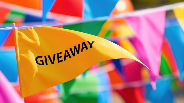Yellow giveaway flag hanging on string with colorful flags background