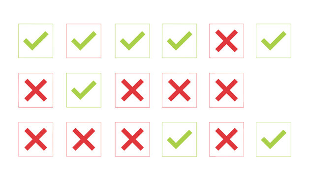 Grid of green checkmarks and red cross marks representing passing and failing evaluations, tests, or check lists.