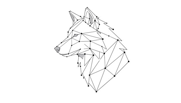 Low poly geometric line art illustration of a wild wolf head profile in a modern minimalist polygon style.