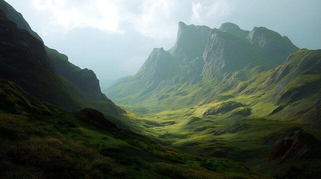 Mountains rise above a lush green valley floor.