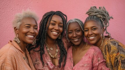 Obraz premium Four beautiful women celebrating friendship and diversity with joyful smiles against a vibrant pink background showcasing rich textiles and natural beauty. Generative AI