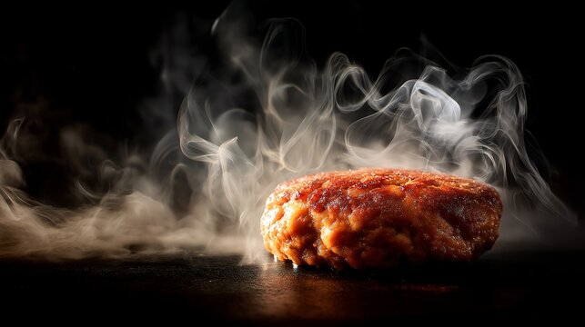 Burger patty releases steam on a hot surface.