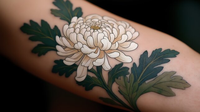 Tattoo of a white flower sits on human skin.