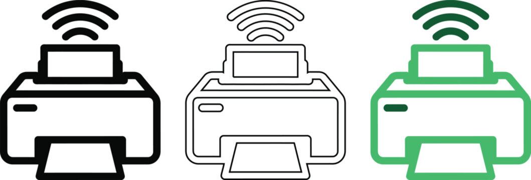 Wireless printer office device icon in black outline and green solid color for smart connectivity.