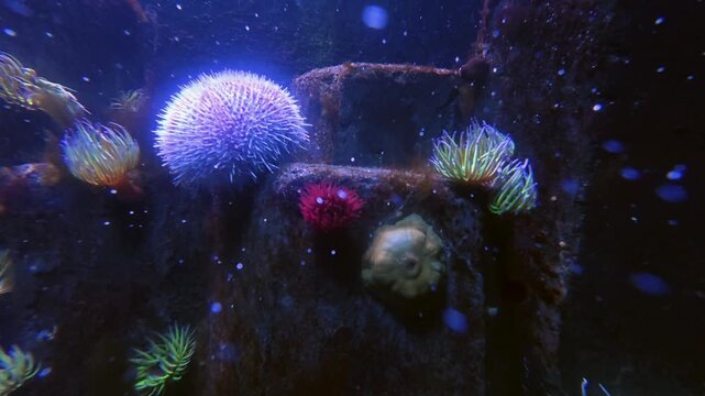 Underwater video clip of a spiky sea urchin, colorful sea anemones, and a limpet on dark rocky seabed