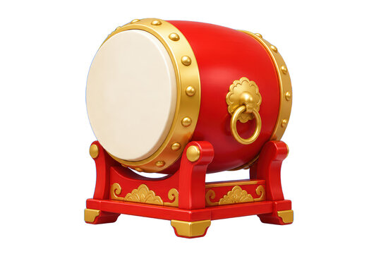 Red decorative drum with gold fittings on stand