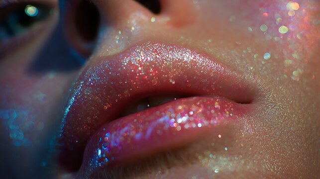 Lips feature shimmering gloss and sparkles.