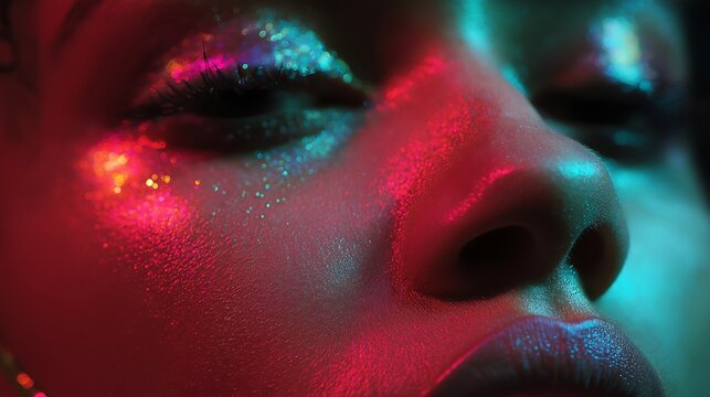 Woman face shows vibrant glittery makeup style.