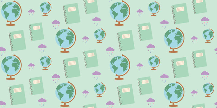 pattern of green globes and beige notebooks with purple clouds on light blue background