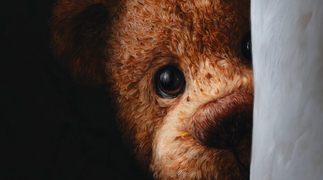 Teddy bear peers from behind a white wall.