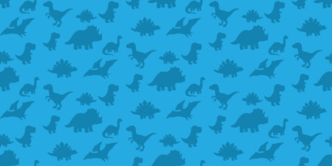 blue seamless dinosaur pattern with various silhouette shapes for kids background and design © Micro Design-id