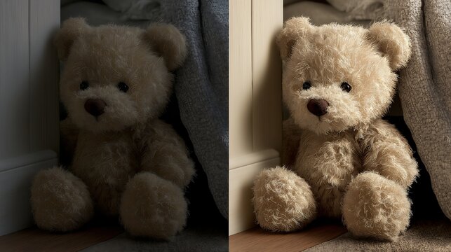 Teddy bear sits inside a dark bedroom corner.