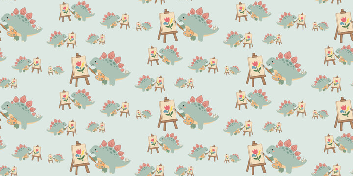 cute stegosaurus dinosaur with pink plates and painting easel seamless pattern on light blue background
