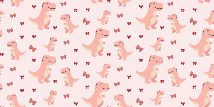 cute pink dinosaur pattern with small red bows on light pink background seamless design for children