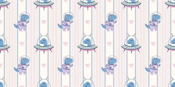 cartoon bears in space helmets and cute birds floating on striped background with pastel pink blue and white colors