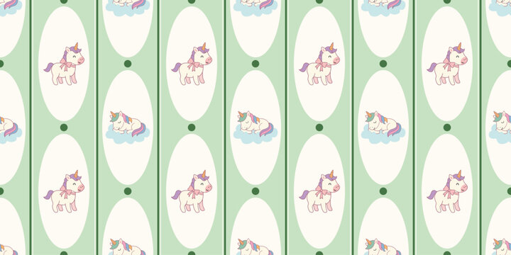 cute unicorn pattern with pastel green vertical stripes and white ovals whimsical magical fantasy design