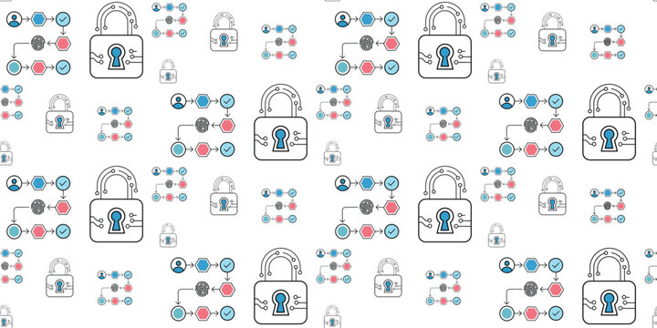 seamless pattern with padlock icons and connected nodes in blue and red on white background security concept