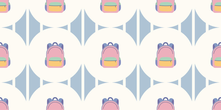 seamless pattern with pastel pink backpacks and blue geometric shapes on white background for children