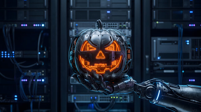 Cybernetic pumpkin with glowing neural networks, held by a high-tech robotic hand.