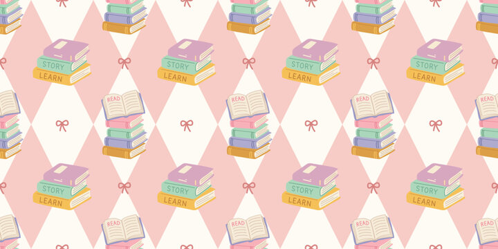 stacked colorful books with open book and scissors pink pattern for education reading