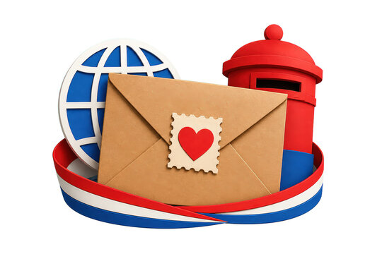 Envelope with heart stamp beside globe and red mailbox